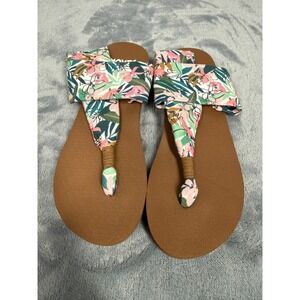 Sanuk Sling Soft Top Tropical Womens 6 Flip Flop Pink Green Comfort Sandals
